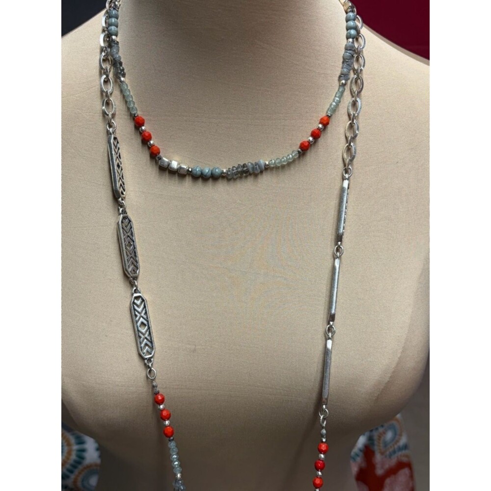 Premier Designs Long Silver-Tone Necklace Coral Light Blue Beads - Picture 4 of 4